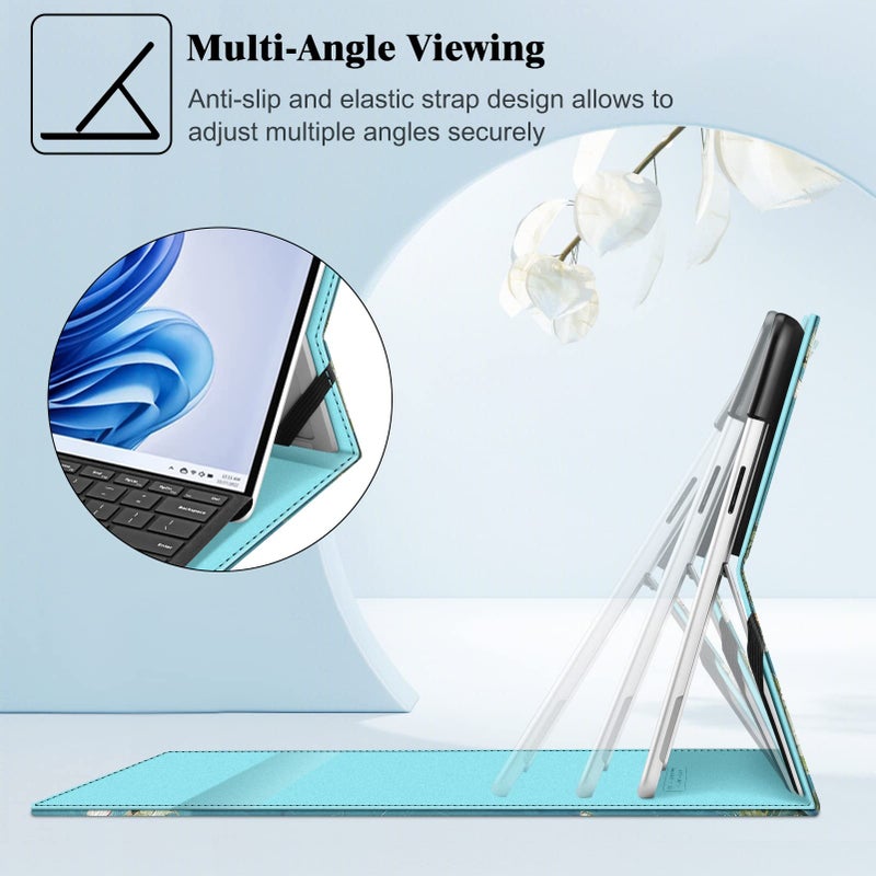 Fintie Case for 13 Inch Microsoft Surface Pro 11/10/9 - Multiple Angle Viewing Portfolio Business Cover with Pocket & Stylus Holder, Compatible with Type Cover Keyboard, Blossom - Image 3