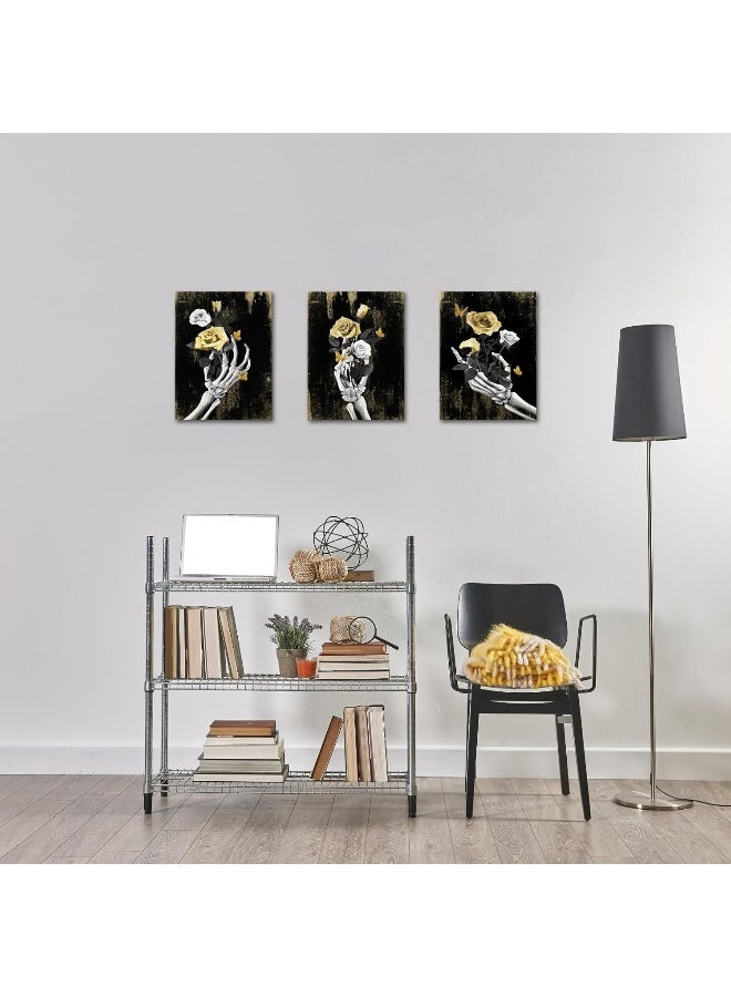 WELMECO Skull Skeleton Wall Art Black and Gold Wall Decor Gothic Home Decor 3Piecex12inchx16inch, Framed Ready to Hang - Image 4