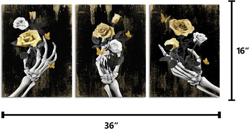 WELMECO Skull Skeleton Wall Art Black and Gold Wall Decor Gothic Home Decor 3Piecex12inchx16inch, Framed Ready to Hang - Image 5