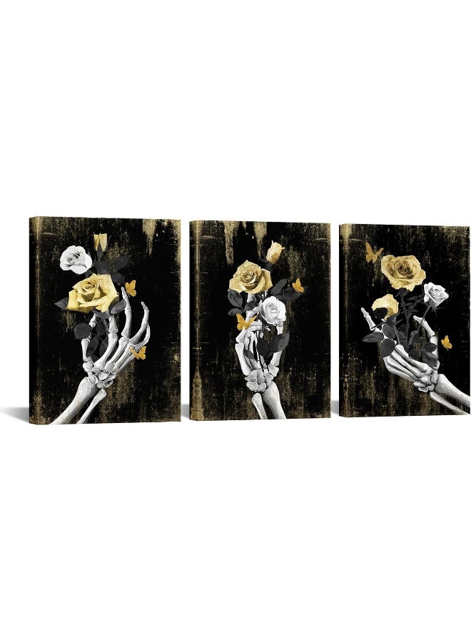 WELMECO Skull Skeleton Wall Art Black and Gold Wall Decor Gothic Home Decor 3Piecex12inchx16inch, Framed Ready to Hang - Image 1