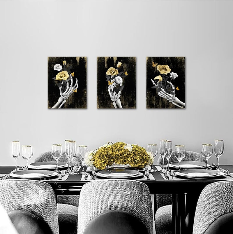 WELMECO Skull Skeleton Wall Art Black and Gold Wall Decor Gothic Home Decor 3Piecex12inchx16inch, Framed Ready to Hang - Image 3