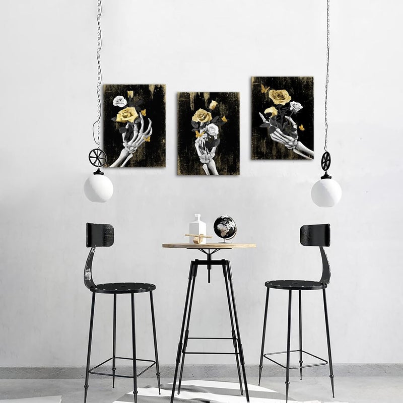 WELMECO Skull Skeleton Wall Art Black and Gold Wall Decor Gothic Home Decor 3Piecex12inchx16inch, Framed Ready to Hang - Image 2