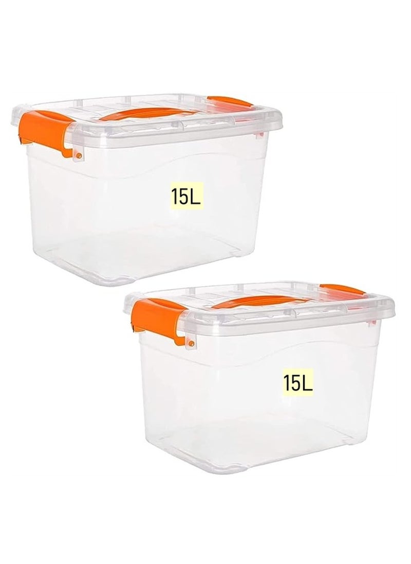 Generic 2pcs Plastic Storage Boxes, 15L Clear Stackable Containers With Lockable Lids, Clear Plastic Organizer – Transparent Box Storing Toys, Shoes, Kitchen Items, Snacks, Tools, Medicine  - Image 1