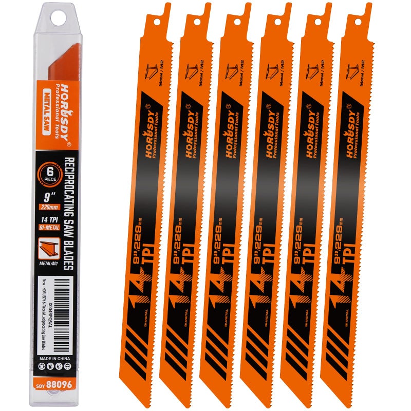 HORUSDY 6PCS 9-Inch 14TPI Bi-Metal Reciprocating Saw Blades, Heavy-Duty Blades for Cutting Steel Pipe, Rebar and Sheet Metal, Universal Shank Fits Most Saws - Image 1
