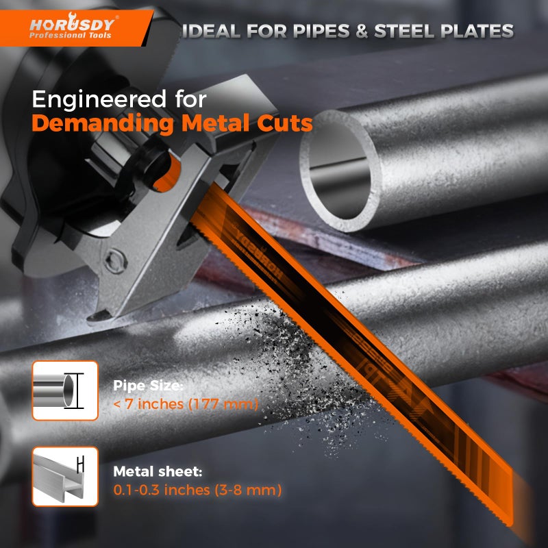 HORUSDY 6PCS 9-Inch 14TPI Bi-Metal Reciprocating Saw Blades, Heavy-Duty Blades for Cutting Steel Pipe, Rebar and Sheet Metal, Universal Shank Fits Most Saws - Image 4
