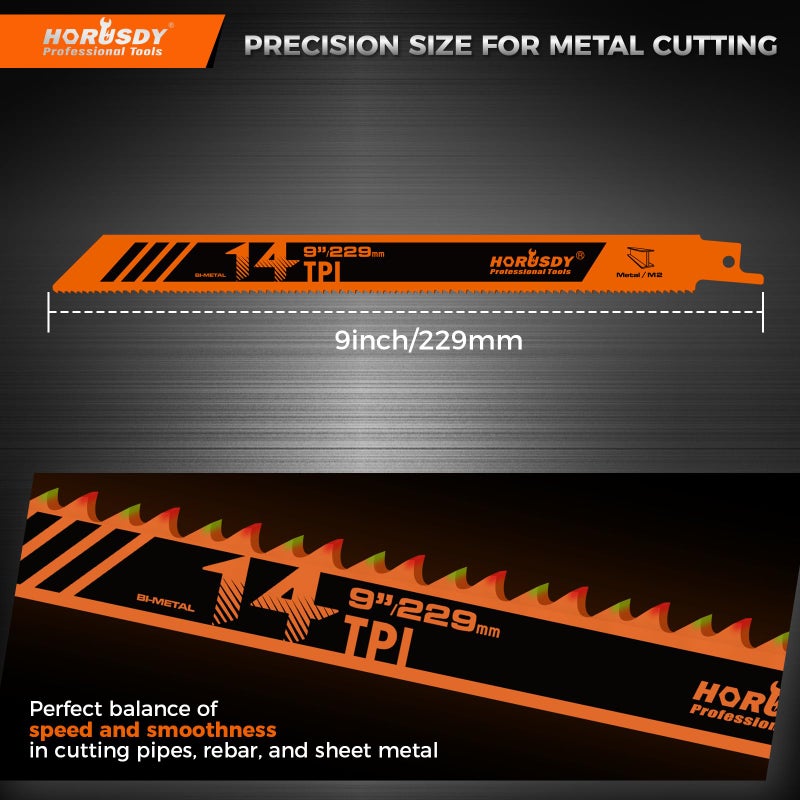 HORUSDY 6PCS 9-Inch 14TPI Bi-Metal Reciprocating Saw Blades, Heavy-Duty Blades for Cutting Steel Pipe, Rebar and Sheet Metal, Universal Shank Fits Most Saws - Image 2
