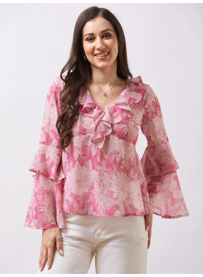 globus Globus Women Pink V-Neck Flared Sleeves Floral Print Ruffle Detail Georgette A-Line Top