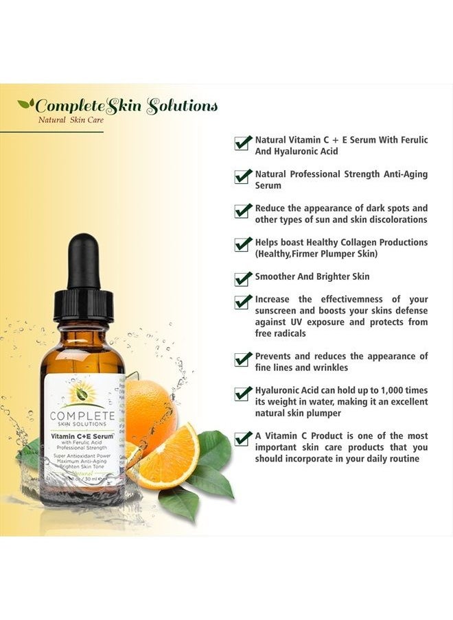 Complete Skin Solutions - Natural Vitamin CE Serum - 1 oz With Ferulic,Hyaluronic Acid, Vitamin C 15% - Wrinkles, Anti-Aging, Photo Protection On The Skin's Surface Made In USA - Image 1