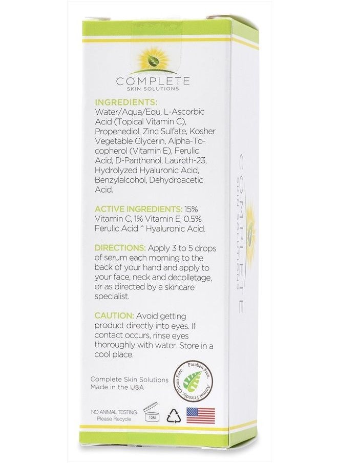 Complete Skin Solutions - Natural Vitamin CE Serum - 1 oz With Ferulic,Hyaluronic Acid, Vitamin C 15% - Wrinkles, Anti-Aging, Photo Protection On The Skin's Surface Made In USA - Image 1