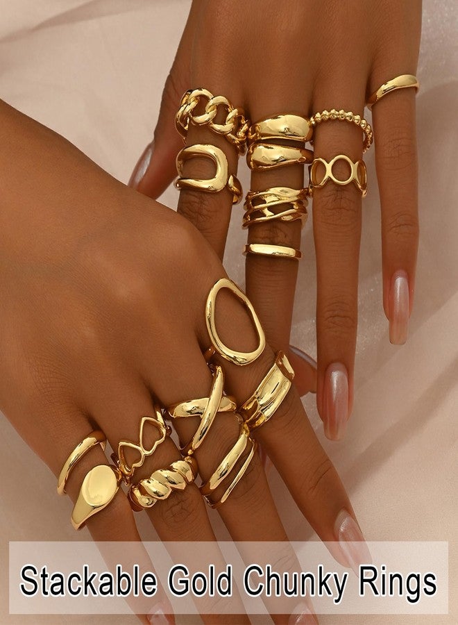 RINHOO Gold Chunky Rings Set for Women Braided Twisted Round Rings Adjustable Stackable Open Rings Band Statement Jewelry (16pcs) - Image 2