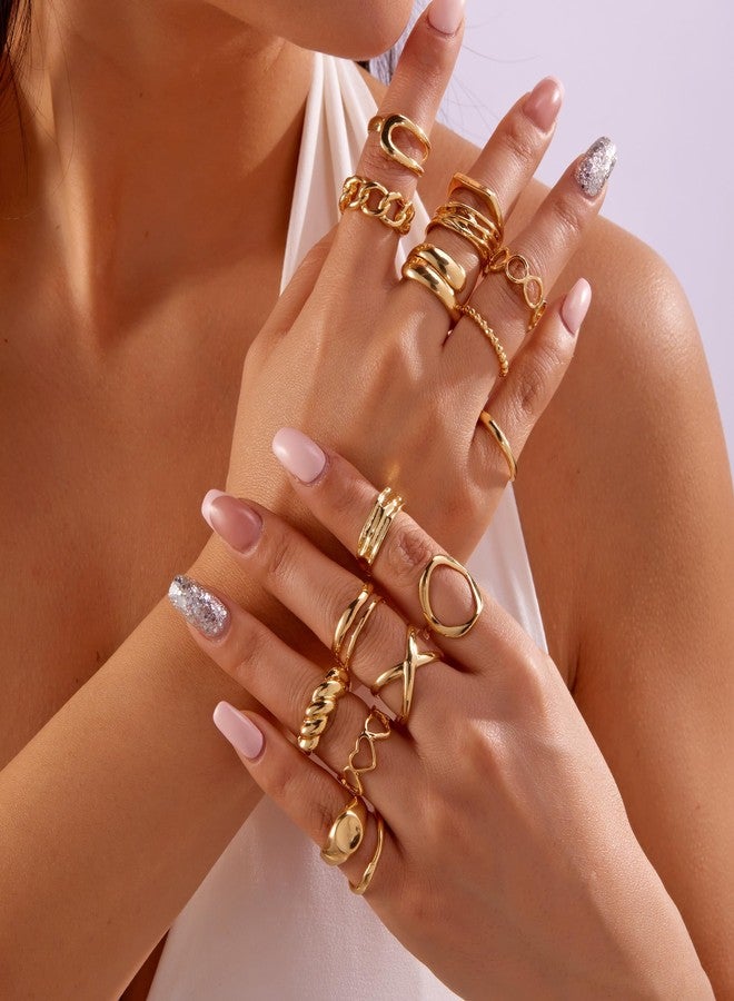 RINHOO Gold Chunky Rings Set for Women Braided Twisted Round Rings Adjustable Stackable Open Rings Band Statement Jewelry (16pcs) - Image 5