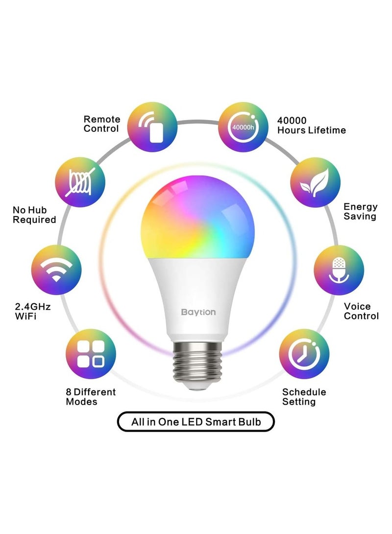 Baytion 10W LED Screw Bulb 2700K-6500K RGB Multicolored Dimmable,LED Bulbs with Smart Life APP Control,Compatible with Echo,Google Home No Hub Required (2 Pack) - Image 2