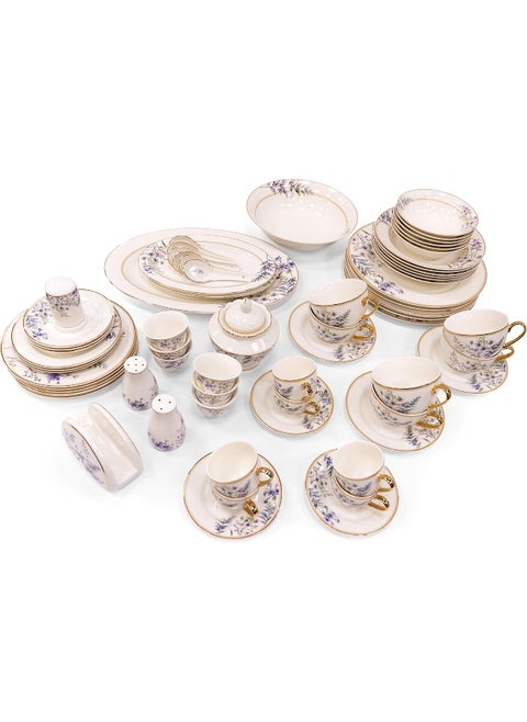 B&S Porcelain Round Dinnerware Set | 71PCS Premium Ceramic Tableware | Dish Set with Floral Design | Vintage Porcelain Tea & Coffee Set | Microwave & Dishwasher Safe Plates and Bowls (Purple)