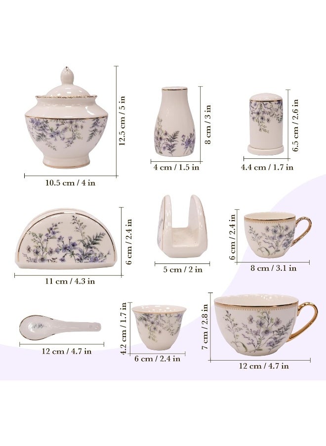 B&S Porcelain Round Dinnerware Set | 71PCS Premium Ceramic Tableware | Dish Set with Floral Design | Vintage Porcelain Tea & Coffee Set | Microwave & Dishwasher Safe Plates and Bowls (Purple)