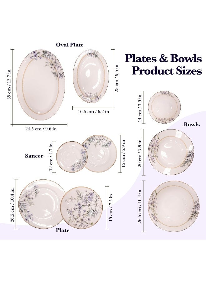 B&S Porcelain Round Dinnerware Set | 71PCS Premium Ceramic Tableware | Dish Set with Floral Design | Vintage Porcelain Tea & Coffee Set | Microwave & Dishwasher Safe Plates and Bowls (Purple)