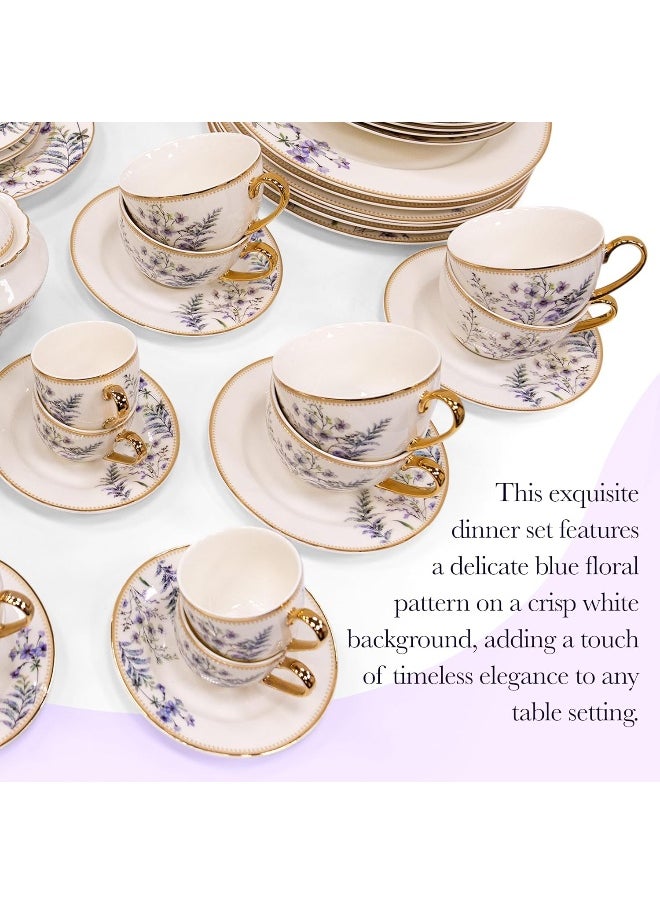 B&S Porcelain Round Dinnerware Set | 71PCS Premium Ceramic Tableware | Dish Set with Floral Design | Vintage Porcelain Tea & Coffee Set | Microwave & Dishwasher Safe Plates and Bowls (Purple)