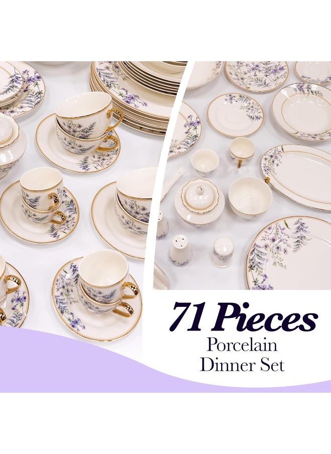 B&S Porcelain Round Dinnerware Set | 71PCS Premium Ceramic Tableware | Dish Set with Floral Design | Vintage Porcelain Tea & Coffee Set | Microwave & Dishwasher Safe Plates and Bowls (Purple)