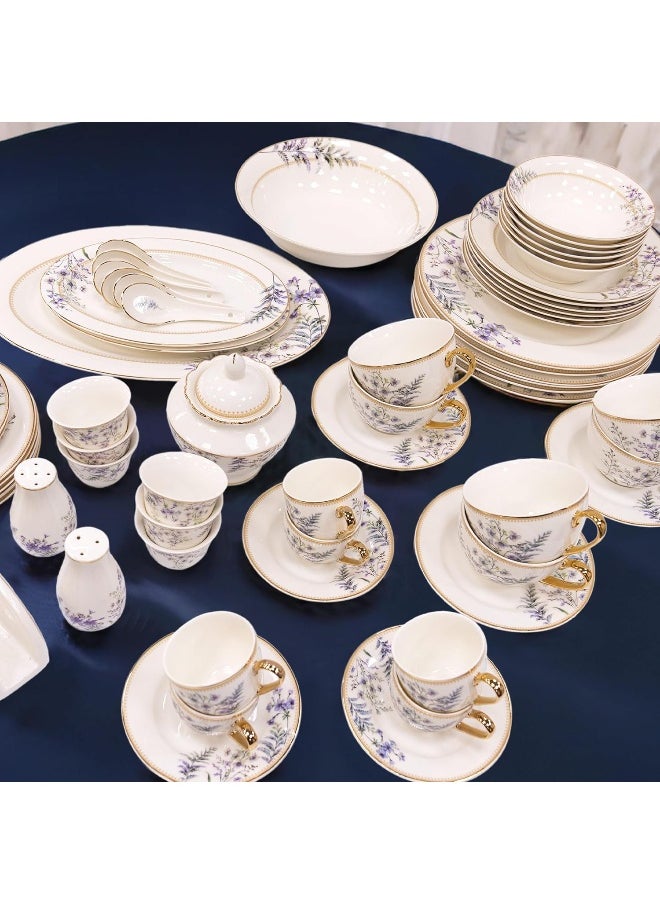 B&S Porcelain Round Dinnerware Set | 71PCS Premium Ceramic Tableware | Dish Set with Floral Design | Vintage Porcelain Tea & Coffee Set | Microwave & Dishwasher Safe Plates and Bowls (Purple)