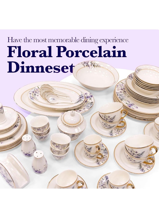 B&S Porcelain Round Dinnerware Set | 71PCS Premium Ceramic Tableware | Dish Set with Floral Design | Vintage Porcelain Tea & Coffee Set | Microwave & Dishwasher Safe Plates and Bowls (Purple)