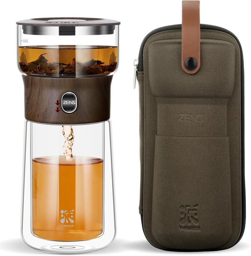 Zens Modern One Touch Tea Maker, Glass Teapot with Infuser for Loose Leaf Tea Diffusers, Mess-Free Smart Pouring with Insulated Mug and Portable Tea Kits for Tea Lover Gifts - Image 1