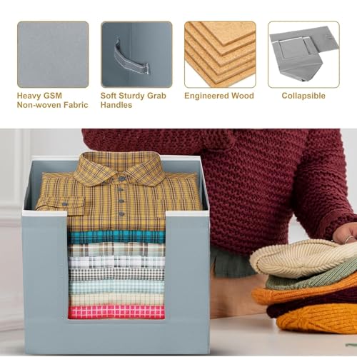 LAXIS® 4 Pcs Non-Woven Shirt Stacker, Organizer for Wardrobe, Clothes Organizer, Grey Color & Foldable, Closet & Wardrobe Organizer, Dress Collapsible, Foldable Cupboard Storage Box Size 40x20x25Cm - Image 3