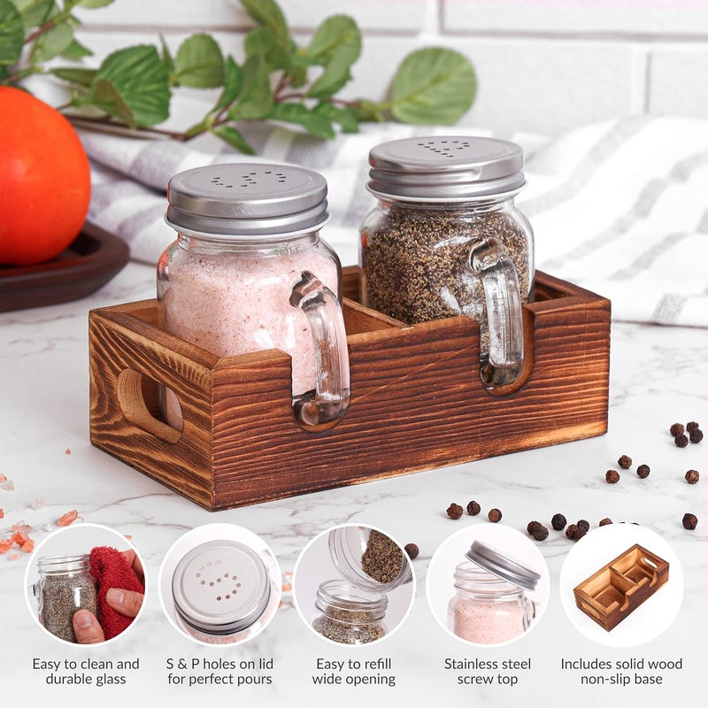 CB Accessories Mason Jar Salt and Pepper Shakers - Glass Shaker Set with Wood Holder Caddy, Easy to Clean & Refill for Farmhouse Kitchen Table, Home and Gifts - Image 2