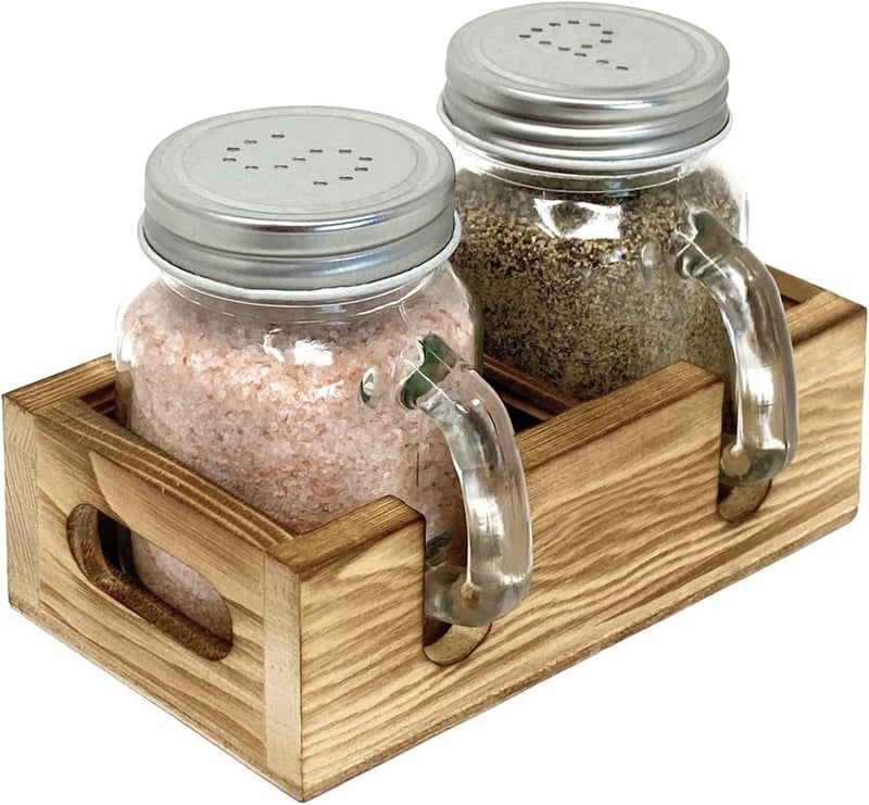 CB Accessories Mason Jar Salt and Pepper Shakers - Glass Shaker Set with Wood Holder Caddy, Easy to Clean & Refill for Farmhouse Kitchen Table, Home and Gifts - Image 1