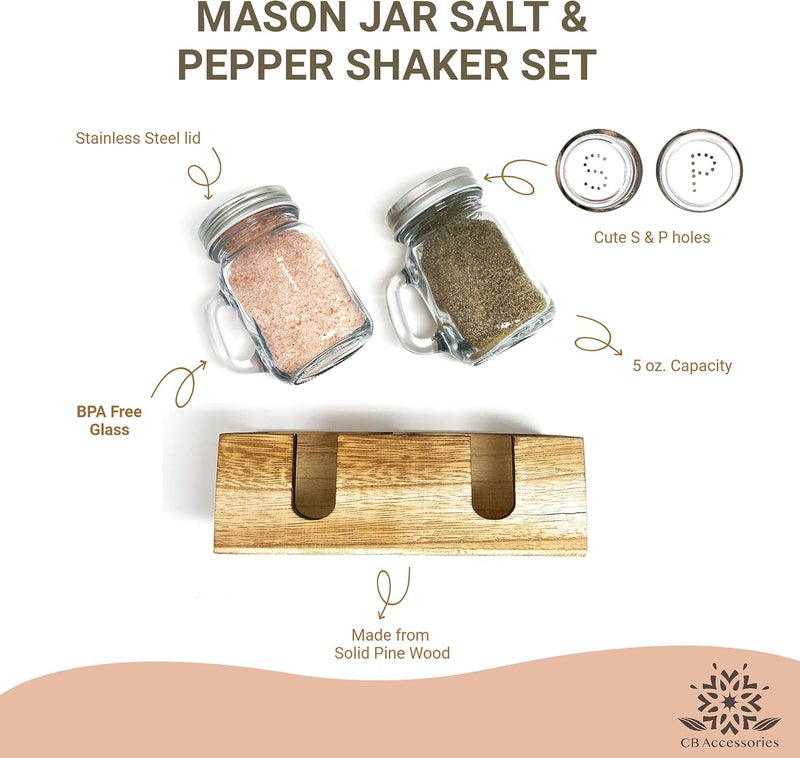 CB Accessories Mason Jar Salt and Pepper Shakers - Glass Shaker Set with Wood Holder Caddy, Easy to Clean & Refill for Farmhouse Kitchen Table, Home and Gifts - Image 4