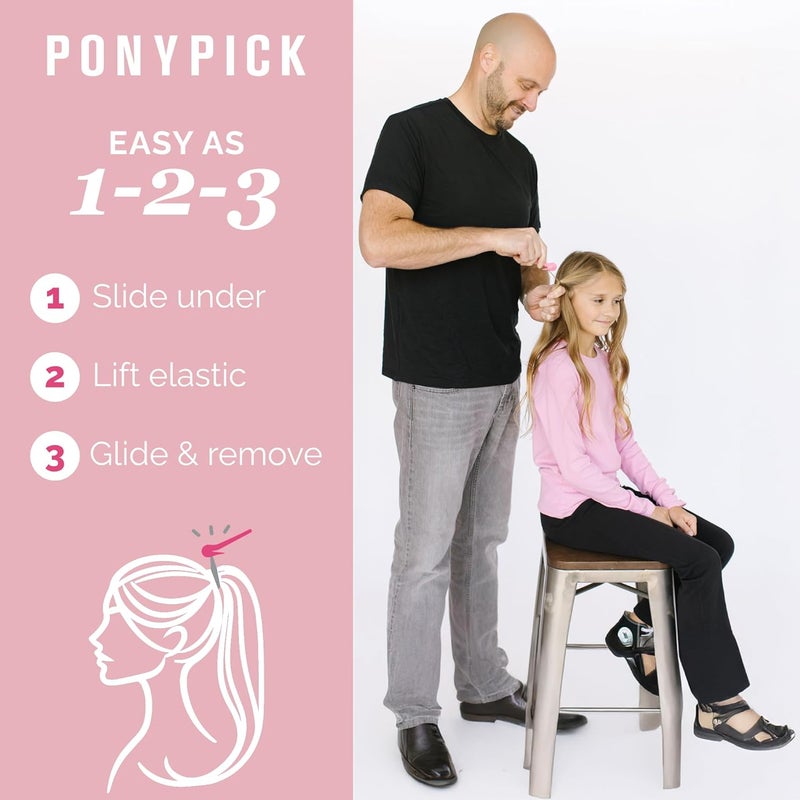 Pony Pick THE Hair Elastic Rubber Bands Cutter - Easy To Use, Pain-Free, No Hair Damage - Ponytail Tool for Kids & Toddlers (3 Packs & 50 Brown Elastics) - Image 3