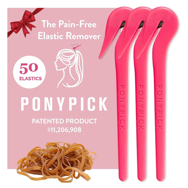 Pony Pick THE Hair Elastic Rubber Bands Cutter - Easy To Use, Pain-Free, No Hair Damage - Ponytail Tool for Kids & Toddlers (3 Packs & 50 Brown Elastics) - Image 1