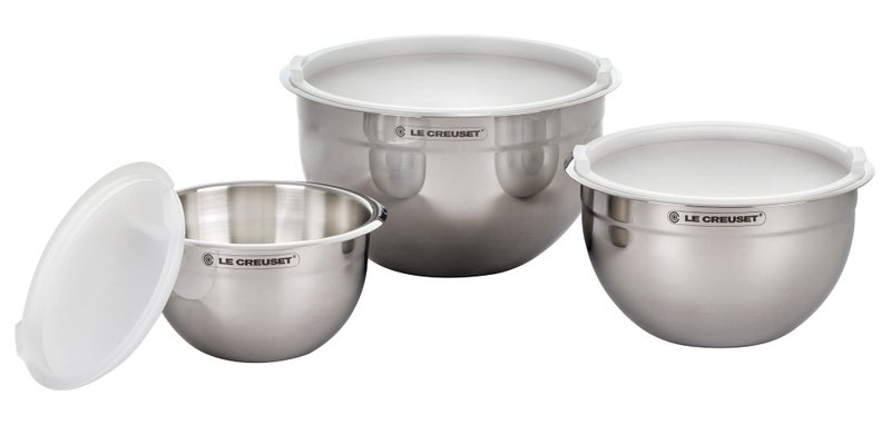 Le Creuset Le Creuset Set of 3 Nested Mixing Bowls wNonslip Silicone Base  Plastic Air Tight Lids Large Stainless Steel 
