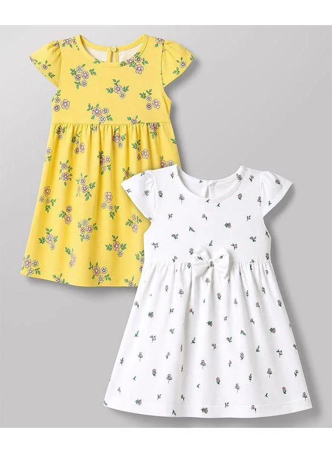 Babyhug Babyhug Single Jersey Cotton Knit Cap Sleeve Dresses with Floral Print (Pack of 2) - Yellow/White