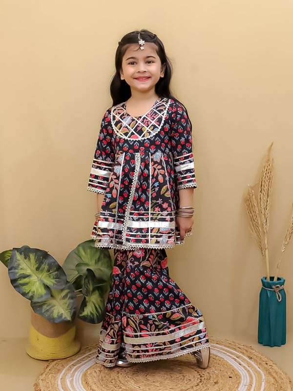 superminis Girls Cotton Floral Printed Gotta Work 3/4 Sleeves Flared Design Kurti & Sharara Set (12-18 Months, Black) - Image 4