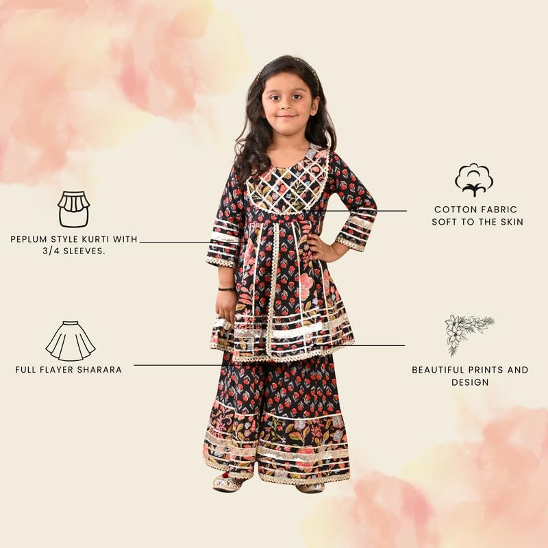 superminis Girls Cotton Floral Printed Gotta Work 3/4 Sleeves Flared Design Kurti & Sharara Set (12-18 Months, Black) - Image 2
