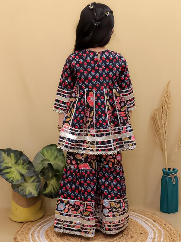 superminis Girls Cotton Floral Printed Gotta Work 3/4 Sleeves Flared Design Kurti & Sharara Set (12-18 Months, Black) - Image 3