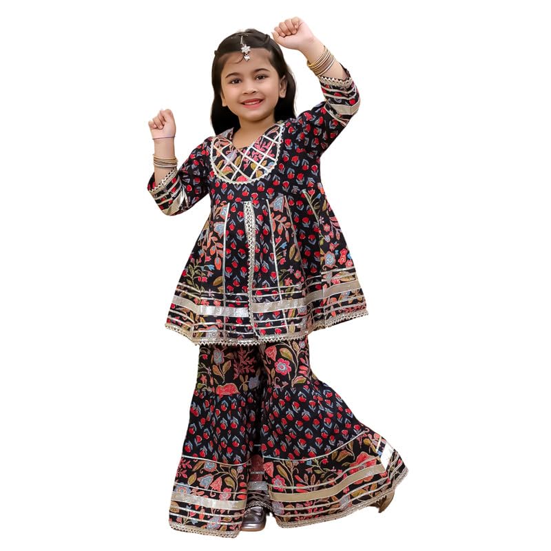 superminis Girls Cotton Floral Printed Gotta Work 3/4 Sleeves Flared Design Kurti & Sharara Set (12-18 Months, Black) - Image 1