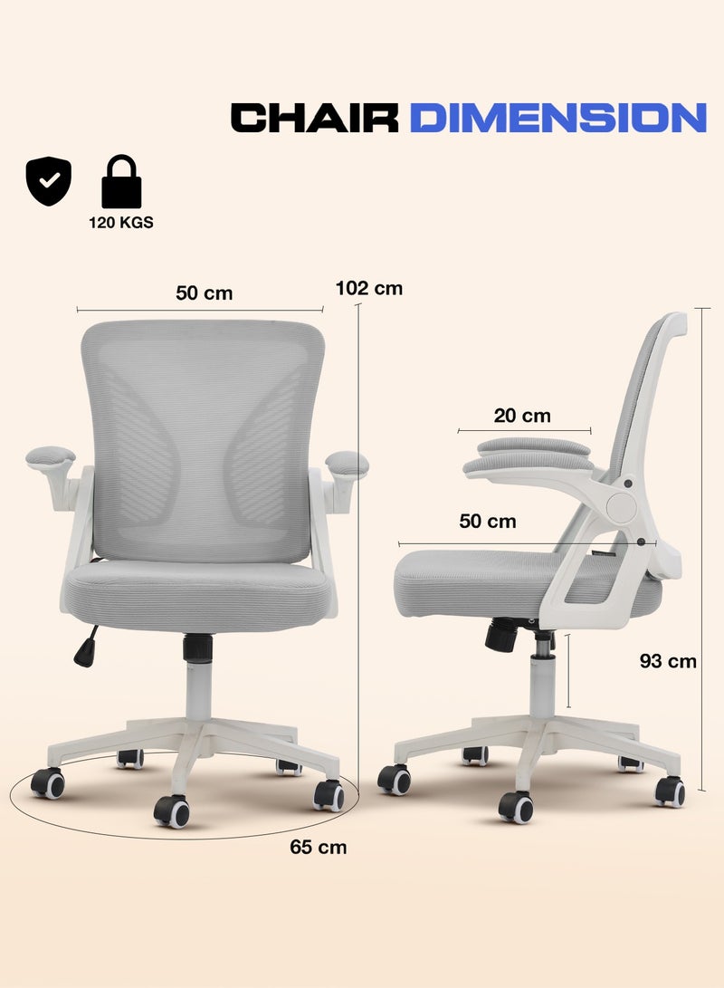 DROGO Premium Ergonomic Office Chair for Work from Home, High Back Computer Chair with Flip Up Armrest, Breathable Mesh, Rocking, Adjustable Seat, Winged Back | Mesh Chair for Office White/Grey - Image 3