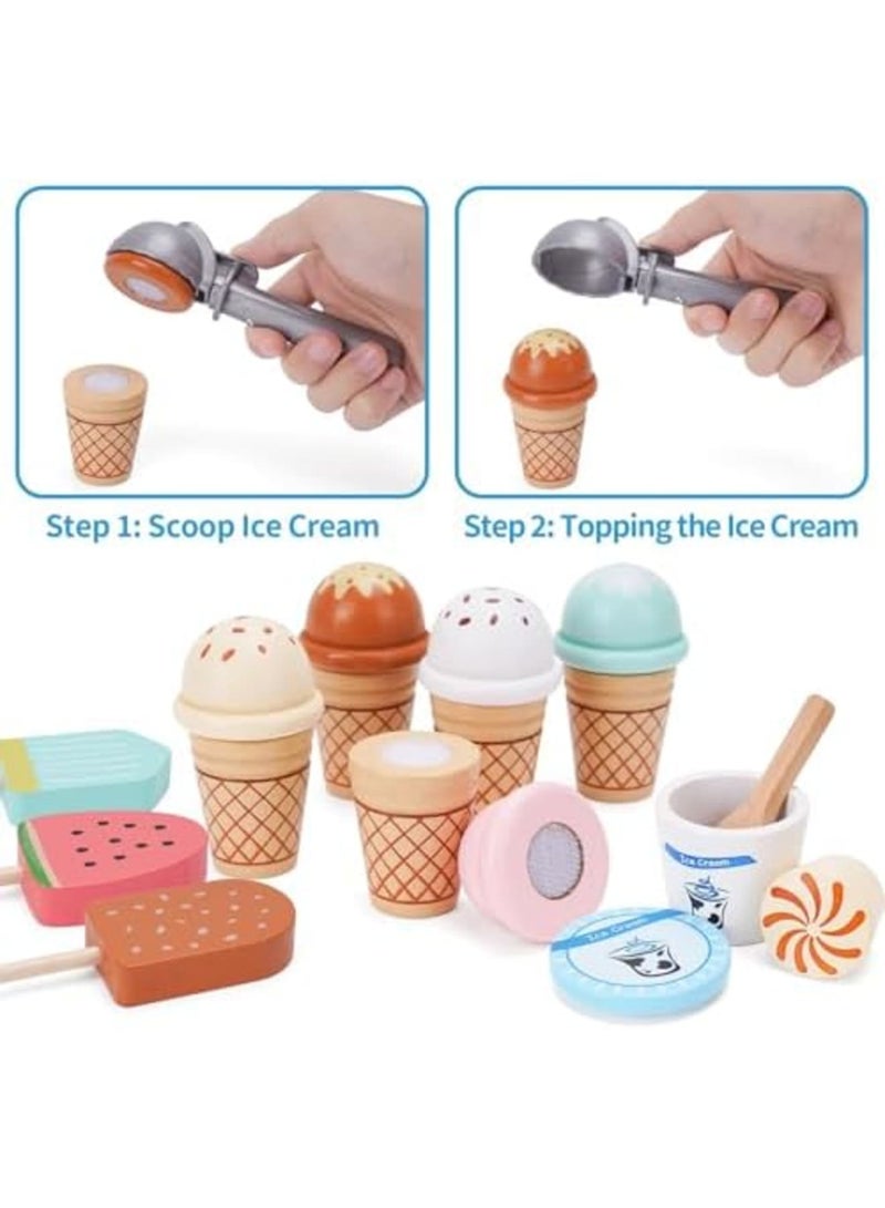 SYOSI Wooden Ice Cream Counter Playset for Kids, Serve Ice Cream Counter Toy, Toddler Ice Cream Counter Shop - Educational Pretend Play Food and Accessories, Great Gift for 3 4 5 6 Year Old Girl or Boy - Image 4