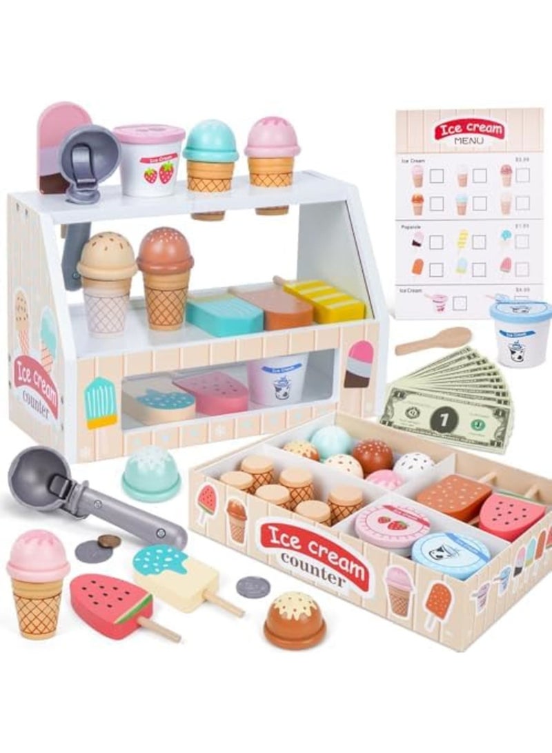 SYOSI Wooden Ice Cream Counter Playset for Kids, Serve Ice Cream Counter Toy, Toddler Ice Cream Counter Shop - Educational Pretend Play Food and Accessories, Great Gift for 3 4 5 6 Year Old Girl or Boy - Image 1