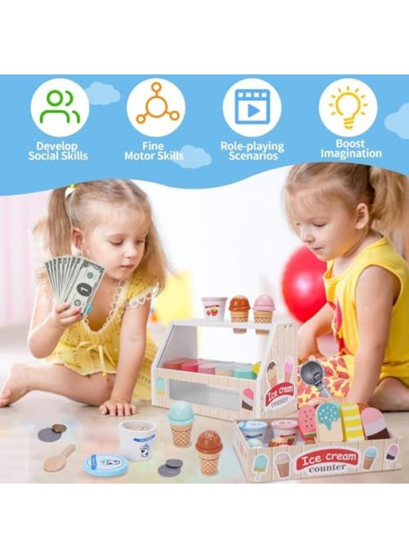 SYOSI Wooden Ice Cream Counter Playset for Kids, Serve Ice Cream Counter Toy, Toddler Ice Cream Counter Shop - Educational Pretend Play Food and Accessories, Great Gift for 3 4 5 6 Year Old Girl or Boy - Image 3