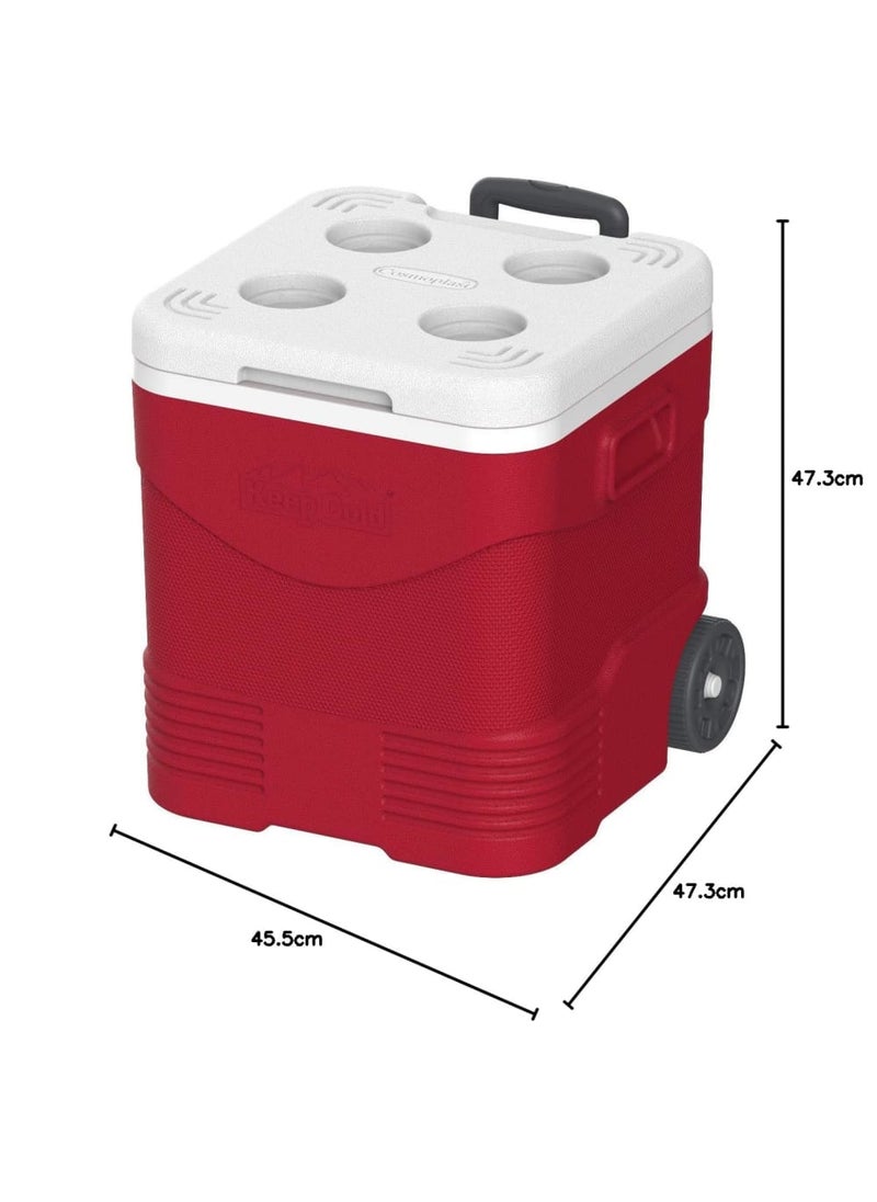 Cosmoplast Plastic Cooler Box with Wheels, Insulated Travel Ice Chest, 45 Liters, Easy-Pull Handle, 4 Cup Holders on Lid - Red - Image 2