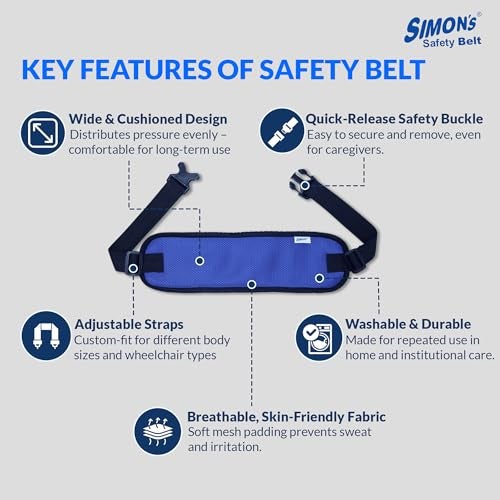 Simon's Simon’s Wheelchair Safety Belt – Padded, Breathable Restraint Belt for Elderly | Adjustable Mobility Aid with Secure Clips | Fall Prevention for Wheelchair, Chair & Commode – Blue - Image 3