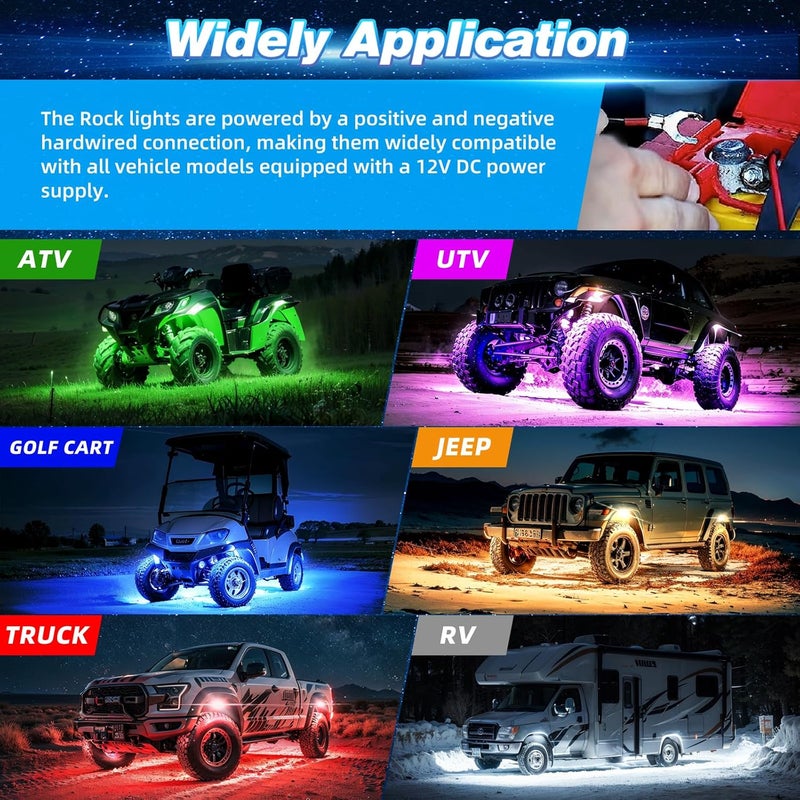 TDE Explorer.Lighting 4 Pods Alloy LED Rock Lights for ATV UTV Golf Cart Jeep Truck RZR SXS, Upgraded Waterproof Multicolor RGB Underglow Kit for Cars with APP Control Music Mode, Metal Vehicle Underbody Light - Image 5