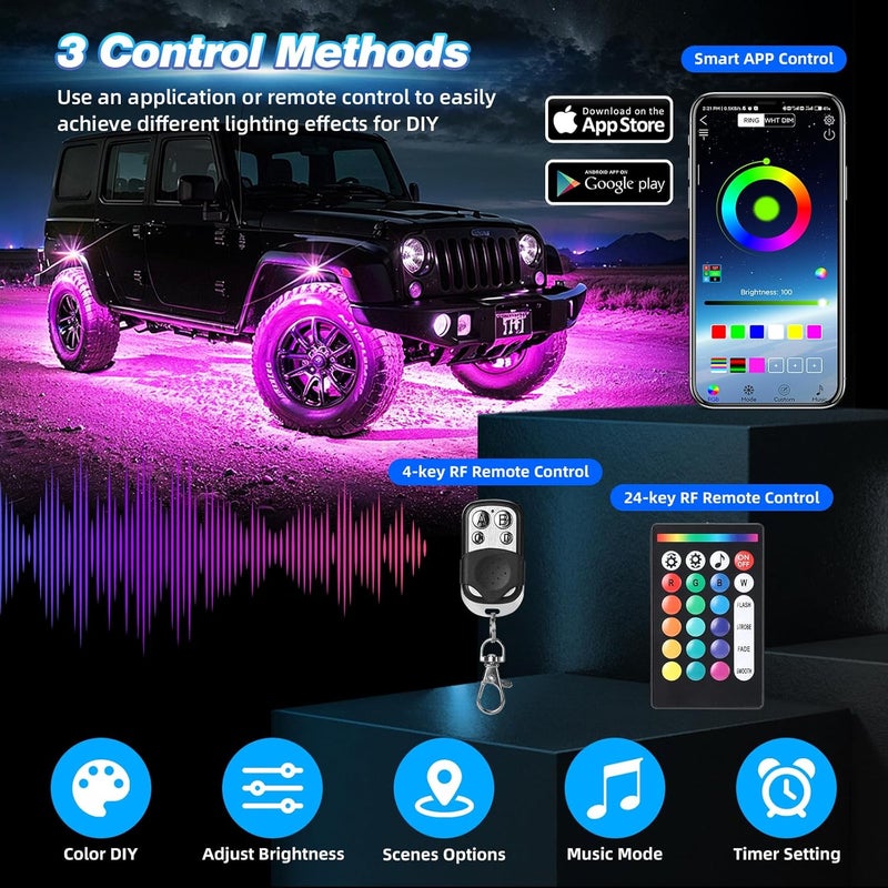 TDE Explorer.Lighting 4 Pods Alloy LED Rock Lights for ATV UTV Golf Cart Jeep Truck RZR SXS, Upgraded Waterproof Multicolor RGB Underglow Kit for Cars with APP Control Music Mode, Metal Vehicle Underbody Light - Image 2