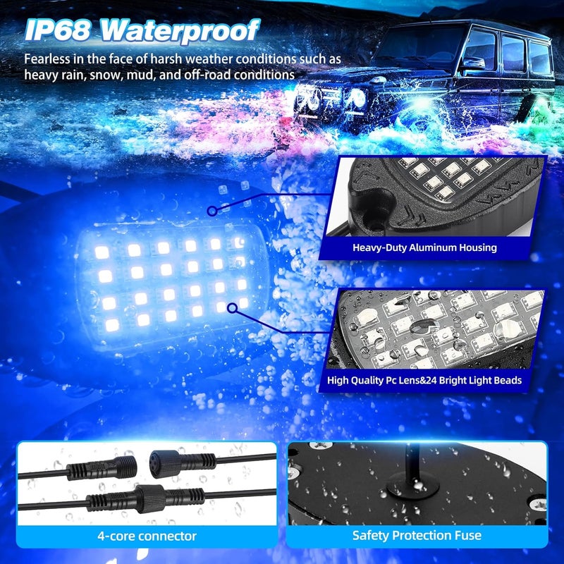 TDE Explorer.Lighting 4 Pods Alloy LED Rock Lights for ATV UTV Golf Cart Jeep Truck RZR SXS, Upgraded Waterproof Multicolor RGB Underglow Kit for Cars with APP Control Music Mode, Metal Vehicle Underbody Light - Image 4