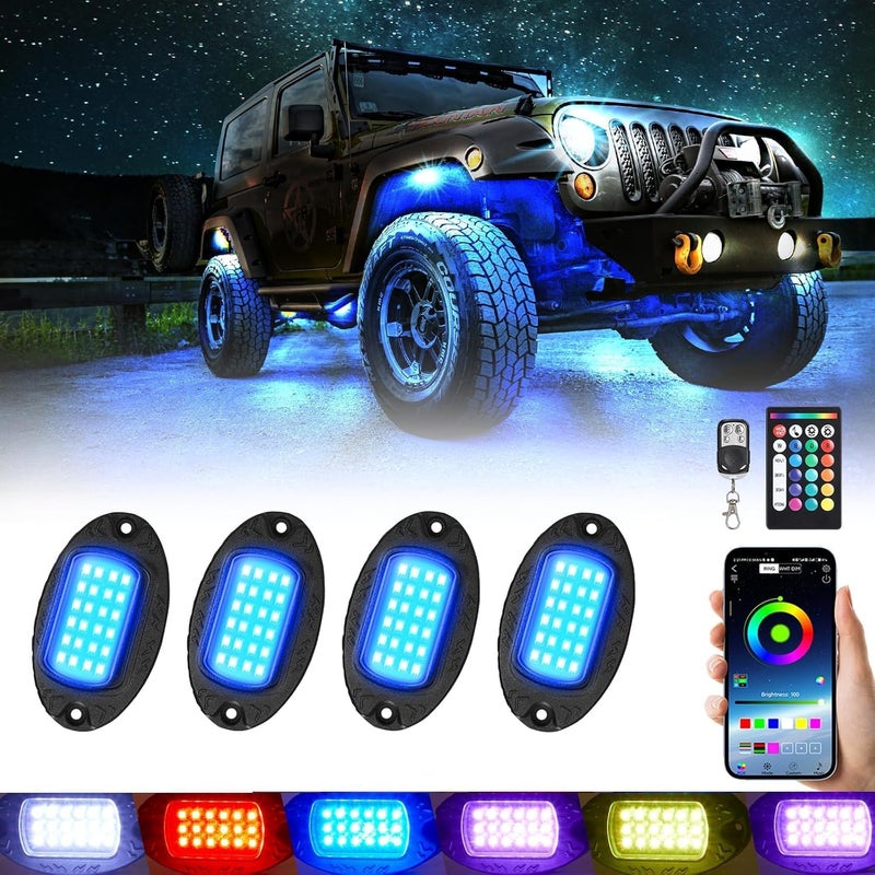 TDE Explorer.Lighting 4 Pods Alloy LED Rock Lights for ATV UTV Golf Cart Jeep Truck RZR SXS, Upgraded Waterproof Multicolor RGB Underglow Kit for Cars with APP Control Music Mode, Metal Vehicle Underbody Light - Image 1
