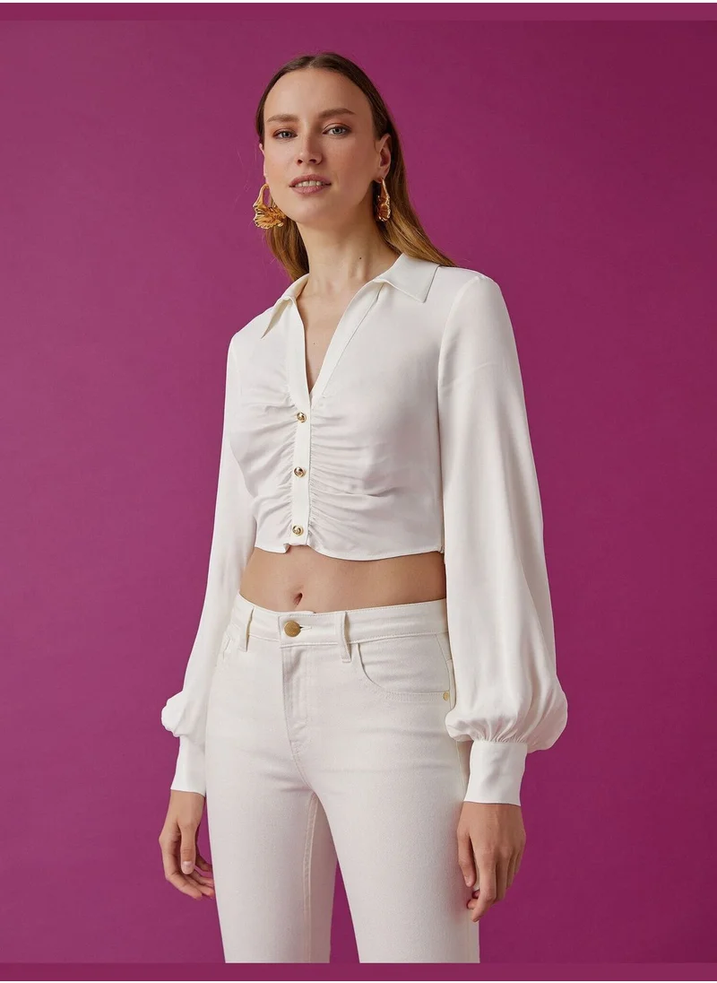 KOTON Shirred V Neck Long Sleeve Crop Shirt