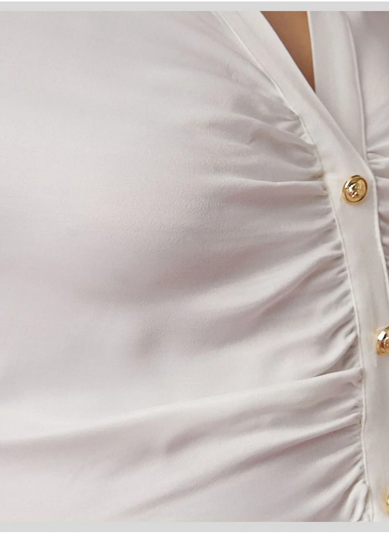 KOTON Shirred V Neck Long Sleeve Crop Shirt