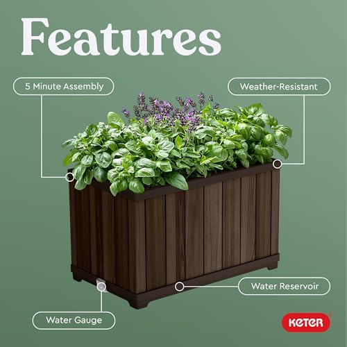 Keter Signature 21.7 Inch Tall Rectangular Large Wood Look Planter for Indoor or Outdoor Flower Pot Ideal for Patio Deck and Front Porch Decor, Rosewood - Image 4