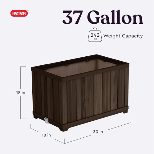 Keter Signature 21.7 Inch Tall Rectangular Large Wood Look Planter for Indoor or Outdoor Flower Pot Ideal for Patio Deck and Front Porch Decor, Rosewood - Image 2